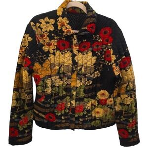 UBU‎ L Black Floral Quilted Jacket Whimsigoth Boho Lagenlook Art to Wear